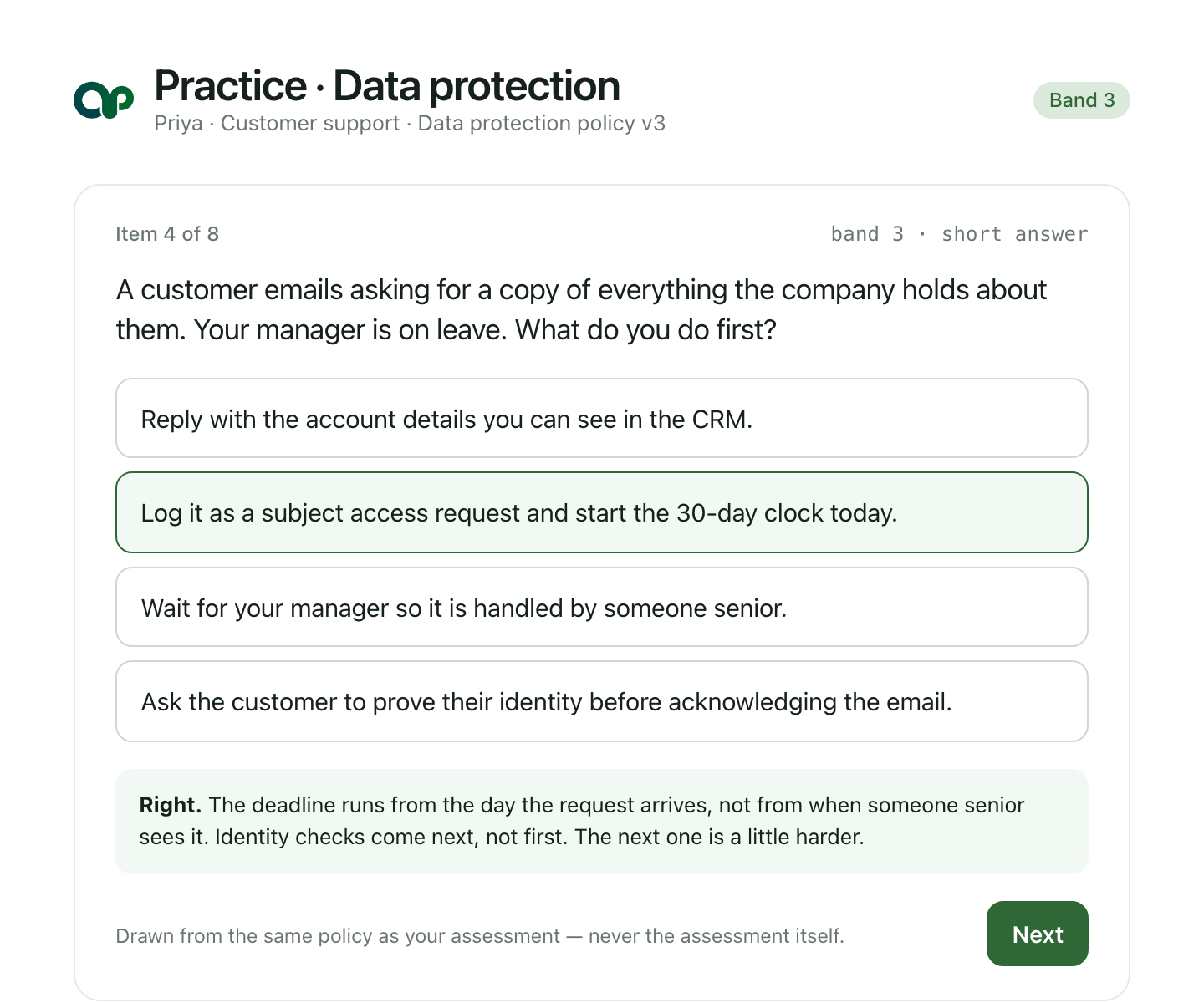 A practice screen: one short-answer item on data protection with four options, the correct one highlighted, and an explanation of why the deadline runs from the day the request arrives.